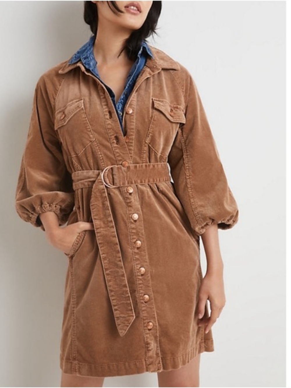 Anthropologie Camel Corduroy Belted Mini Dress